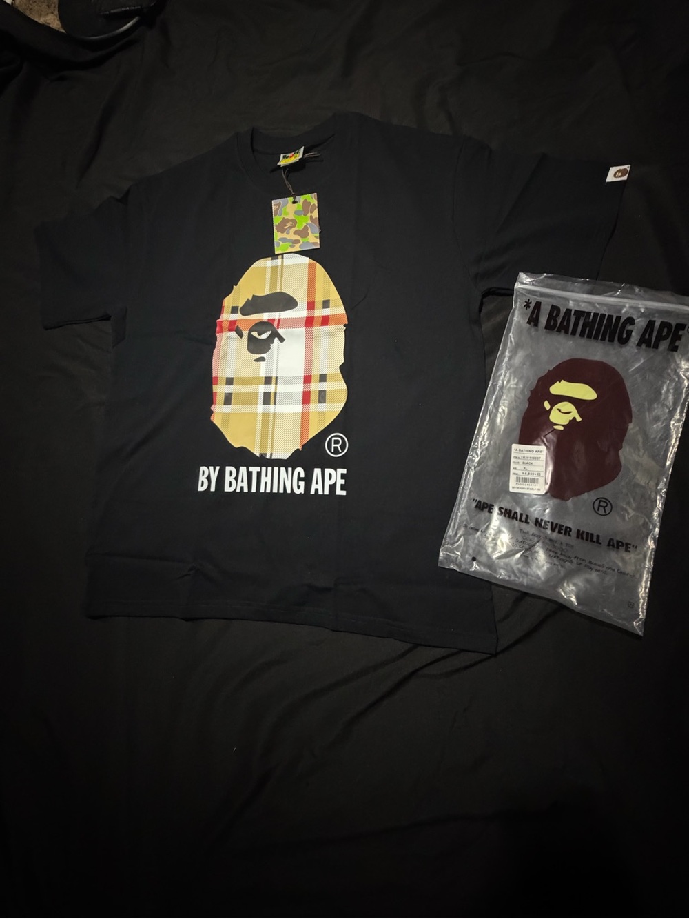 Bape Black Short Sleeve Tee with Beige Plaid Ape Head